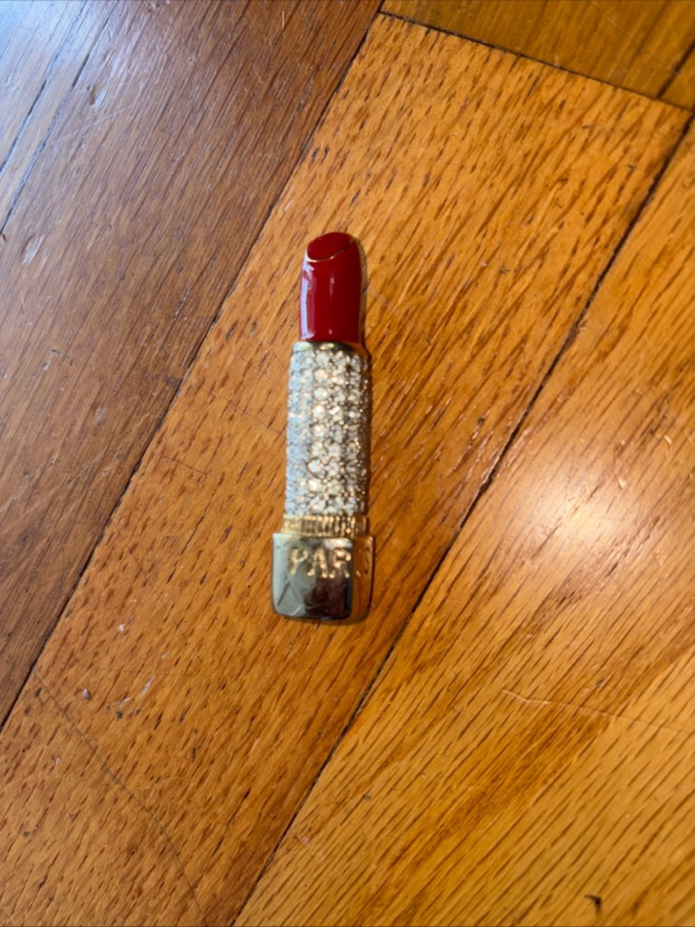 Rare Vintage PARIS Cosmetics Lipstick Pin Pave Rhinestone Gold Tone Brooch